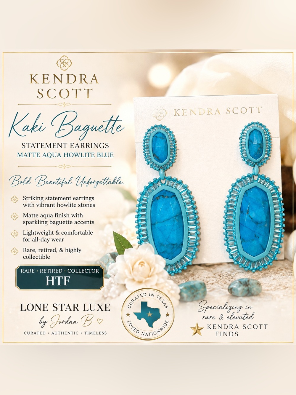 Kendra Scott Matte Aqua Howlite Kaki Baguette Drop Earrings